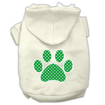 Cream pet hoodie with green polka-dot paw print on back and hood