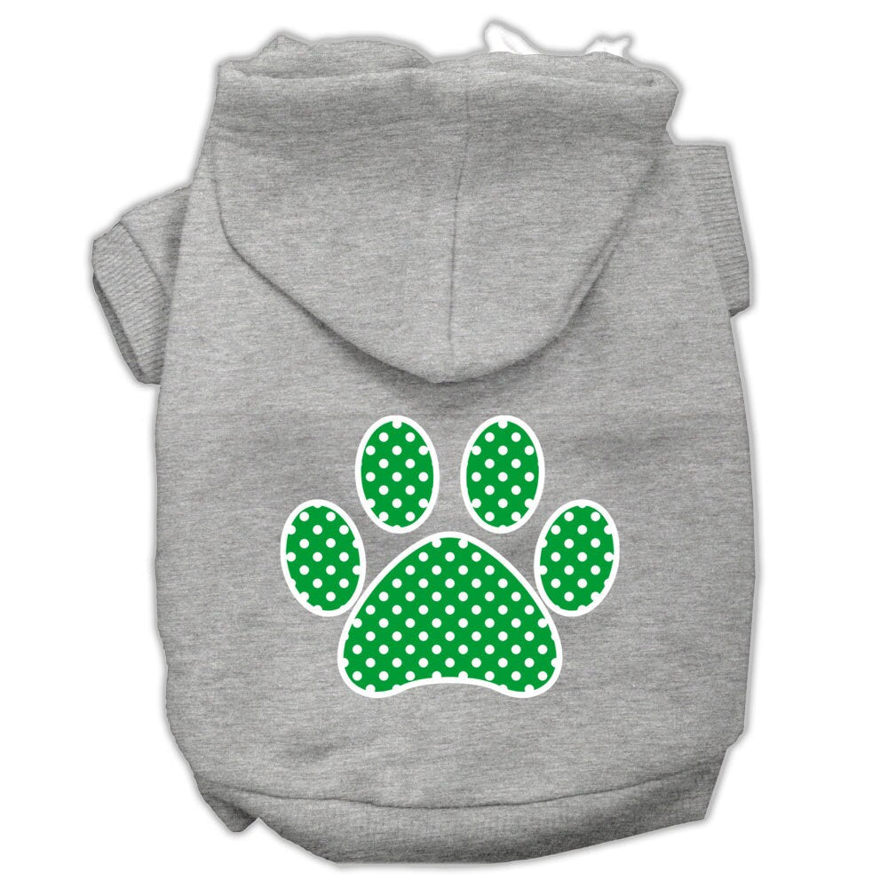 Gray pet hoodie with green polka-dot paw print on back and hood