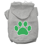 Gray pet hoodie with green polka-dot paw print on back and hood