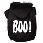 Black pet hoodie with white 'BOO!' screen print, front pocket, and hood.
