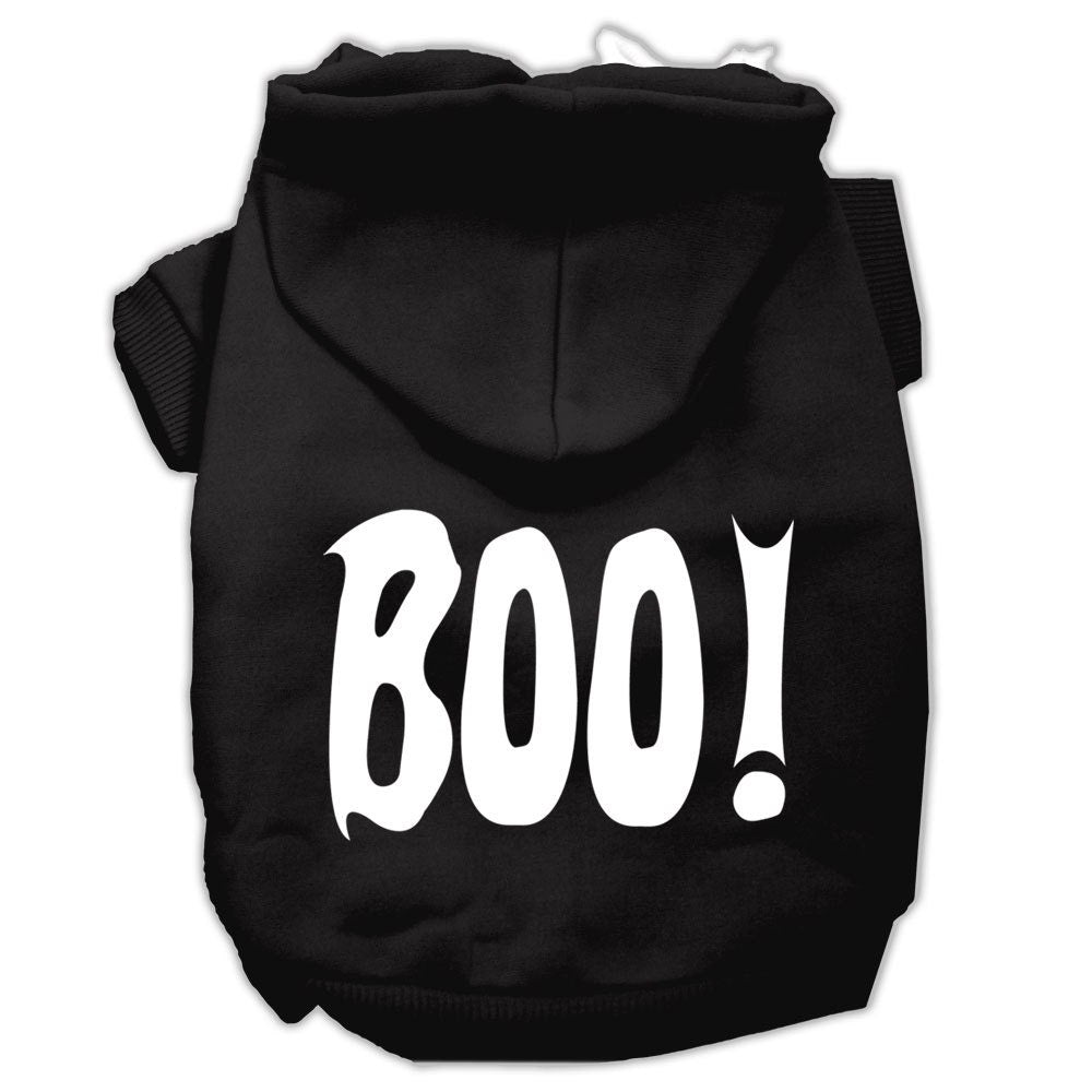 Black pet hoodie with white 'BOO!' screen print, front pocket, and hood.