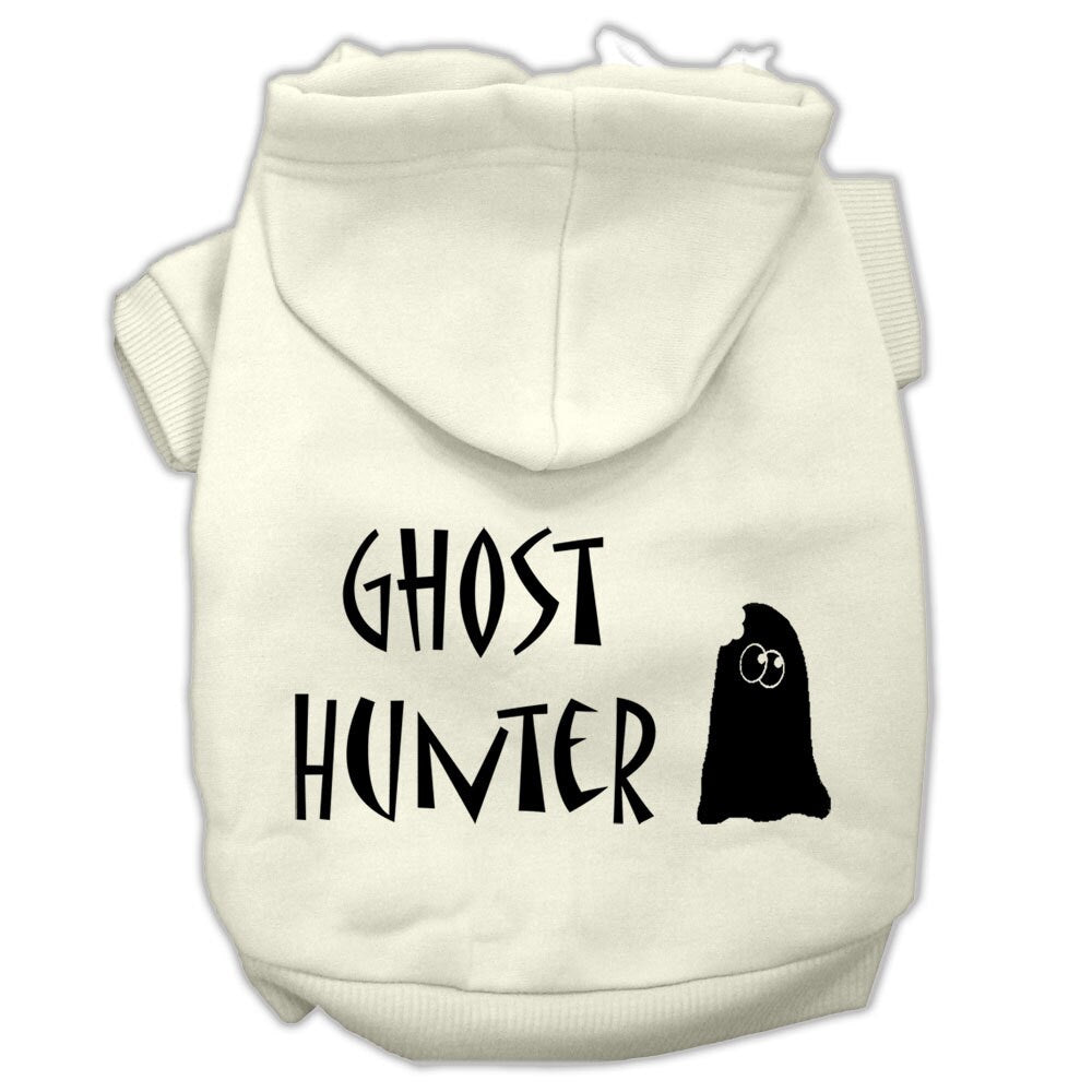 Pet Halloween hoodie with light cream hood and 'Ghost Hunter' ghost graphic