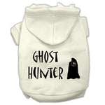 Pet Halloween hoodie with light cream hood and 'Ghost Hunter' ghost graphic