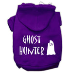 Pet Halloween hoodie with bright pink hood and 'Ghost Hunter' ghost graphic