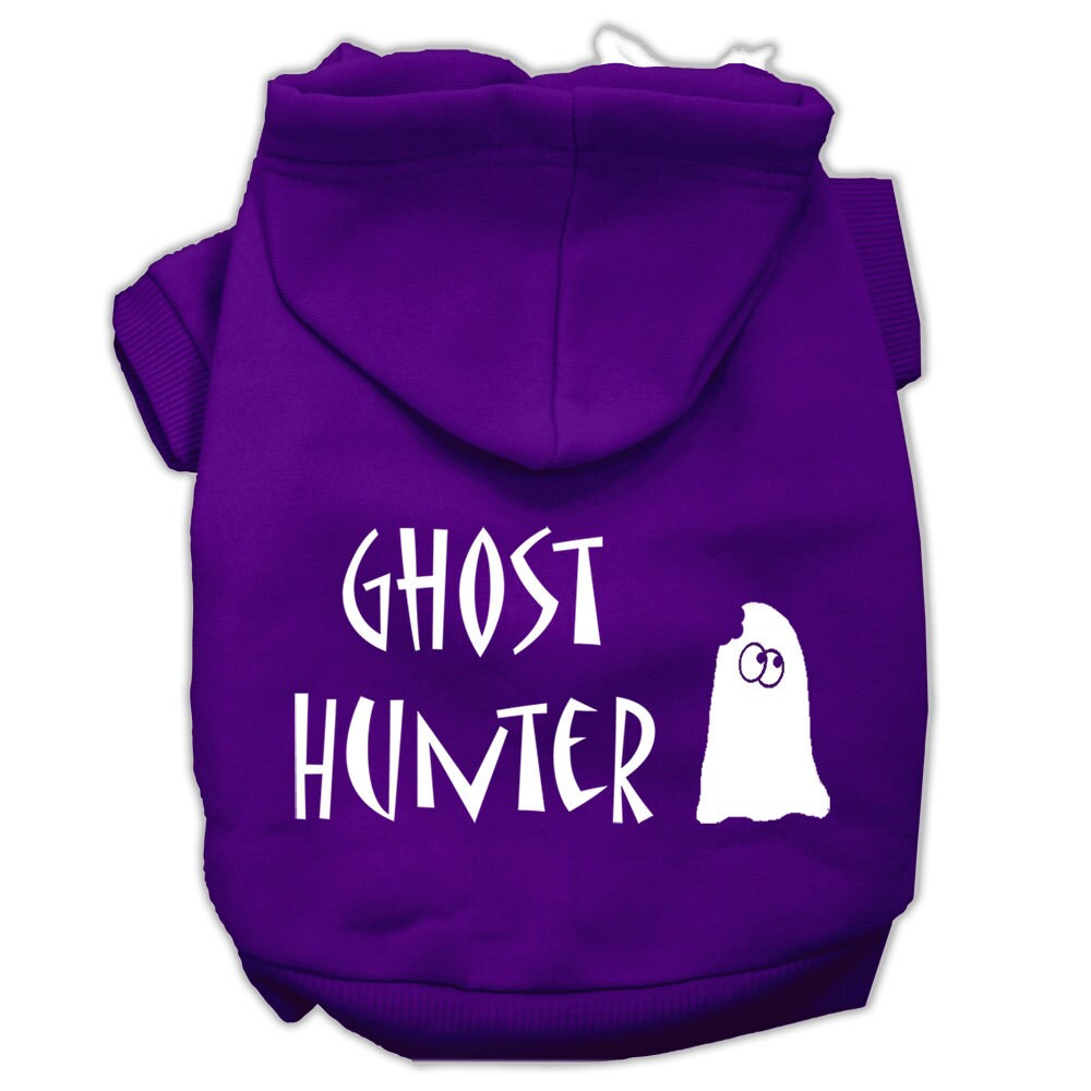 Pet Halloween hoodie with bright pink hood and 'Ghost Hunter' ghost graphic