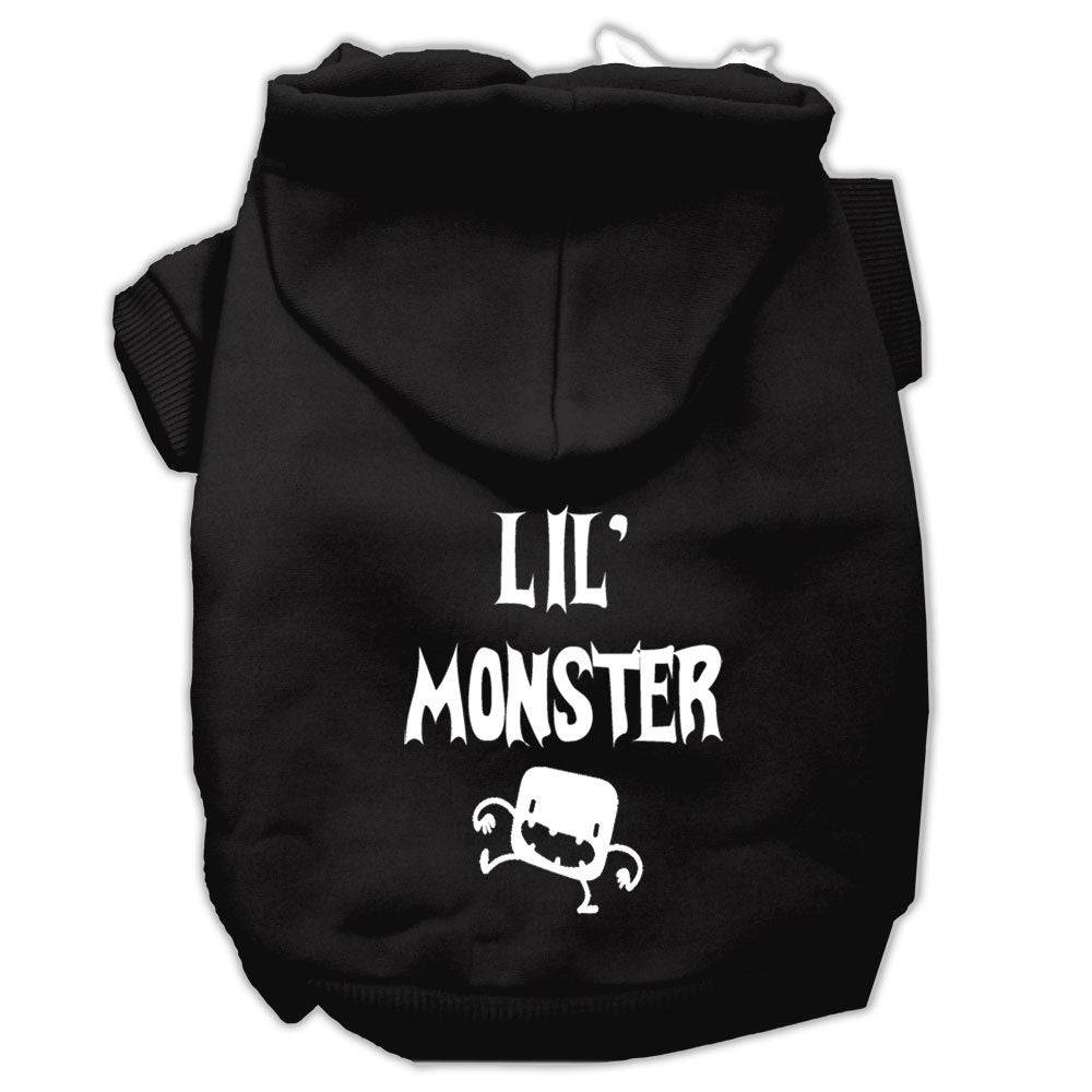 Black pet hoodie with 'Lil' Monster' screen print and front hood
