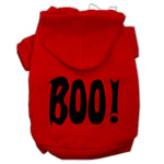 Red pet hoodie with black 'BOO!' screen print, front pocket, and hood.