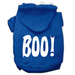 Blue pet hoodie with white 'BOO!' screen print, front pocket, and hood.