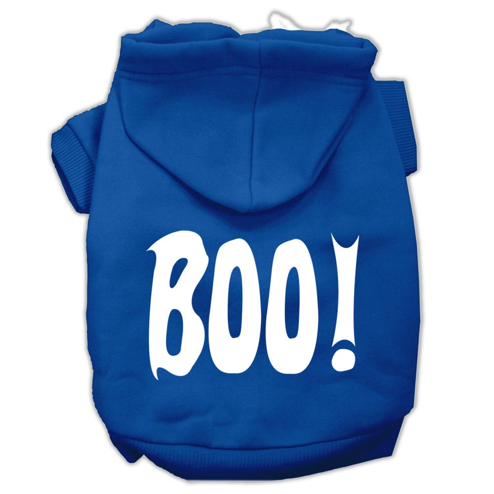 Blue pet hoodie with white 'BOO!' screen print, front pocket, and hood.