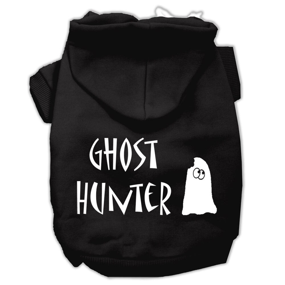 Pet Halloween hoodie with black hood and 'Ghost Hunter' ghost graphic