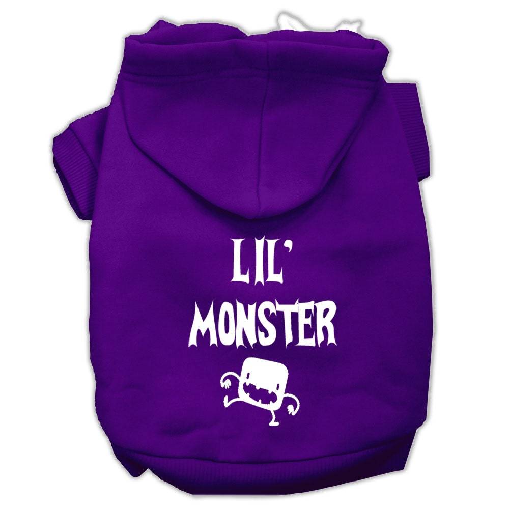 Purple pet hoodie with 'Lil' Monster' screen print and front hood