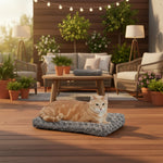 Gray ombre swirl pet bed cushion with orange cat resting on it