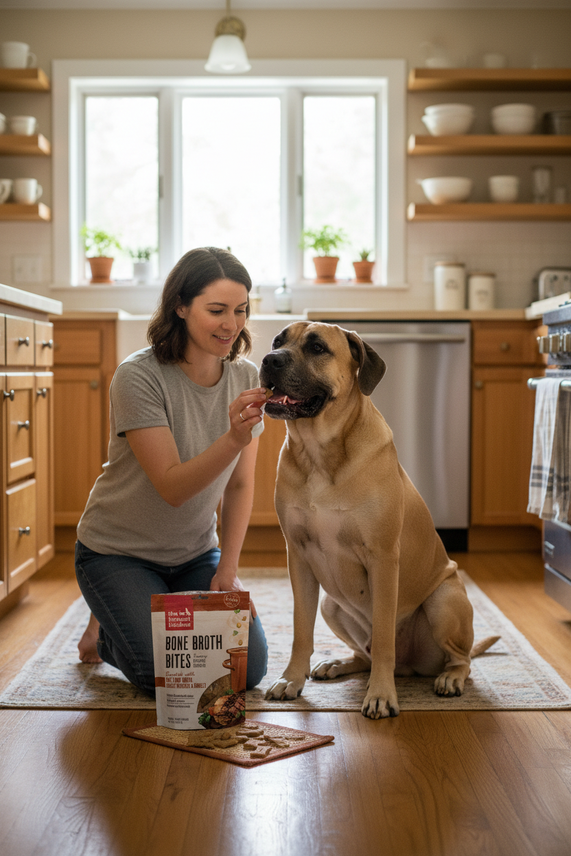 Beef and sweet potato crunchy dog treat bag with bone broth bites, 8 oz