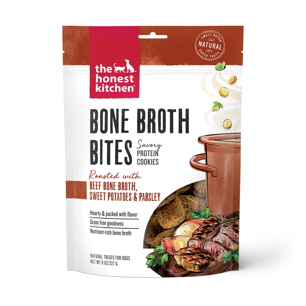 the honest kitchen Bone Broth Bites dog treat pouch, front with beef and sweet potato