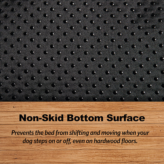 Gray ombre swirl pet bed with dotted non-skid bottom surface detail