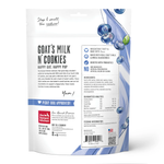 Goat milk n' cookies dog treats bag back, ingredients and feeding directions panel