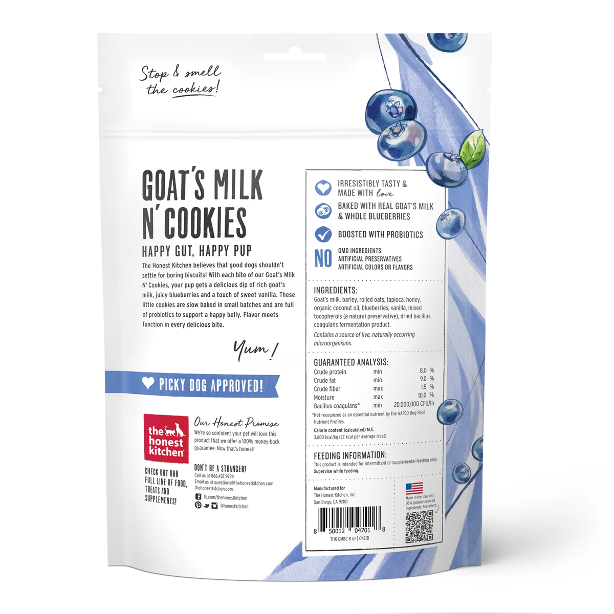 Goat milk n' cookies dog treats bag back, ingredients and feeding directions panel