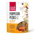 Parmesan pecks mini dog treat pouch, duck and cherry recipe front view