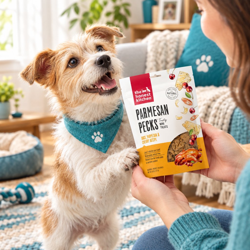 Honest Kitchen Parmesan Pecks dog treat bag, duck & cherry, 8 oz, front label