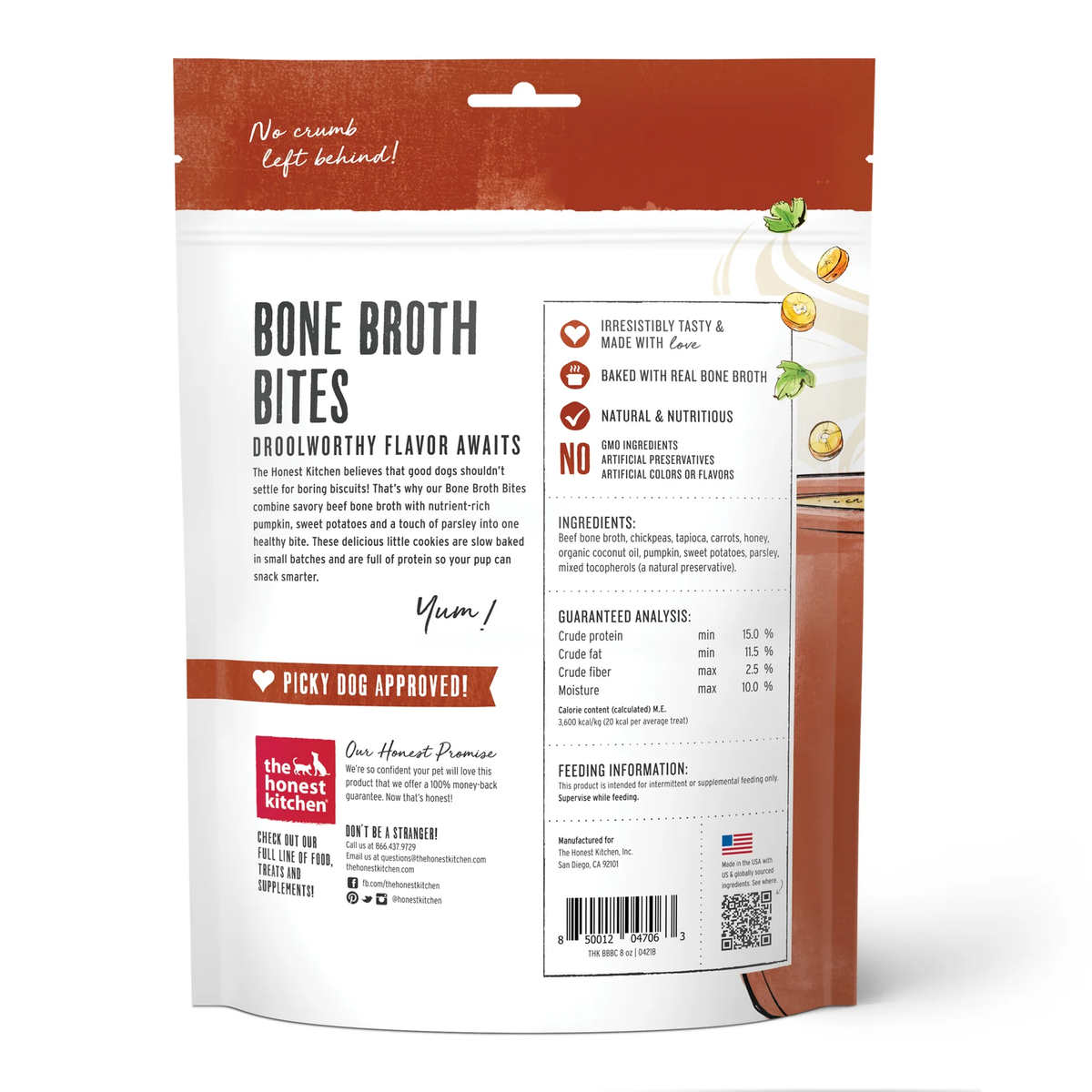the honest kitchen Bone Broth Bites dog treat pouch, back with ingredients and feeding info
