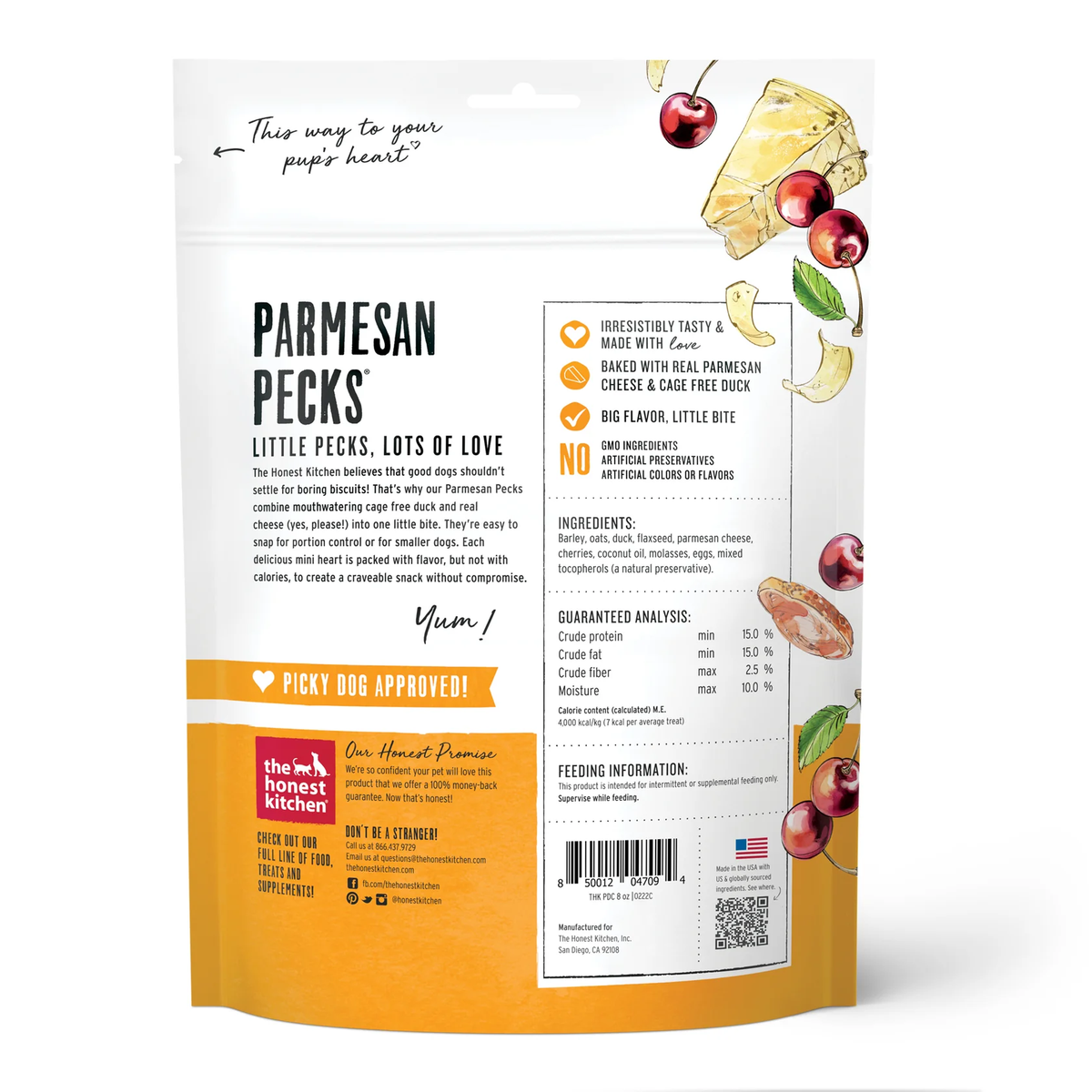 Parmesan pecks mini dog treat pouch back with ingredient and feeding info panel