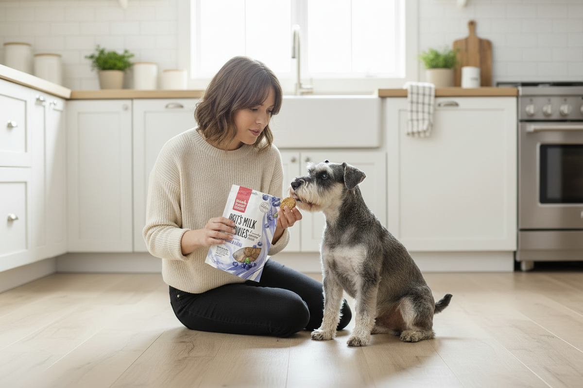 Blue packaged dog treat bag held near small dog sitting beside handler