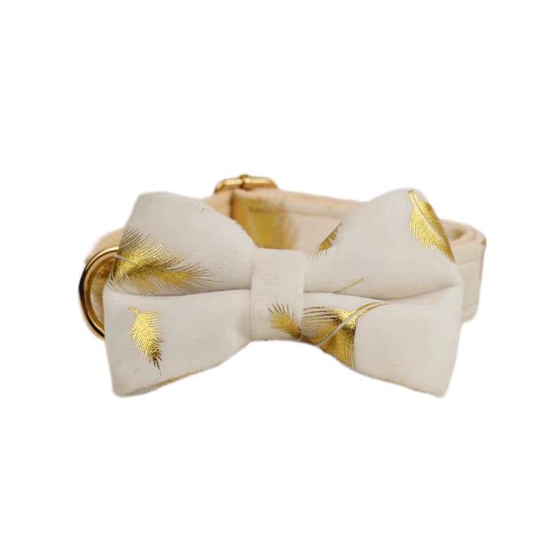 Ivory velvet dog bow tie with gold leaf feather print and pinched center knot