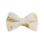 Ivory velvet bow tie with gold leaf feather print and wide butterfly shape
