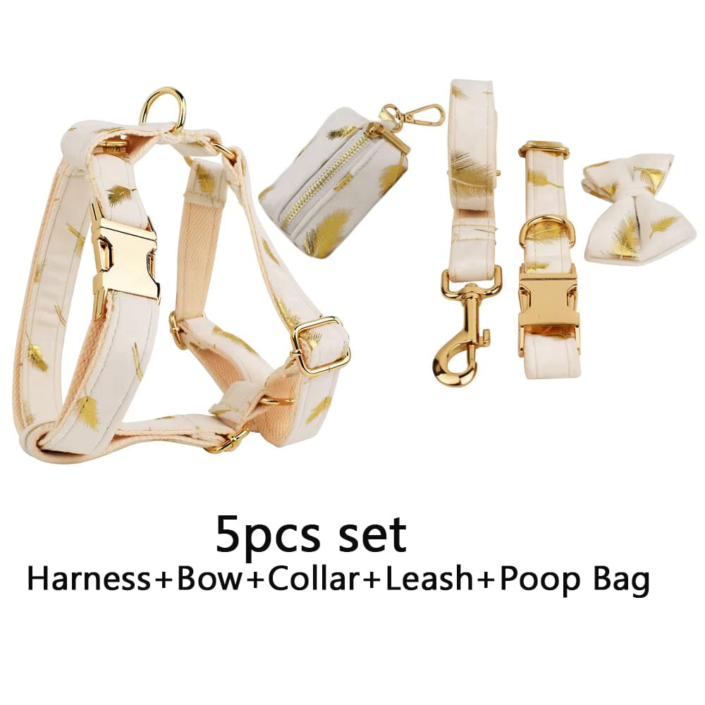 Ivory velvet 5-piece pet set with gold leaf harness, bow tie, collar, leash, and pouch