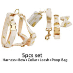 Ivory velvet 5-piece pet set with gold leaf harness, bow tie, collar, leash, and pouch