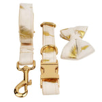 Ivory velvet leash strap pieces with gold leaf print, gold-tone clasp and hook hardware