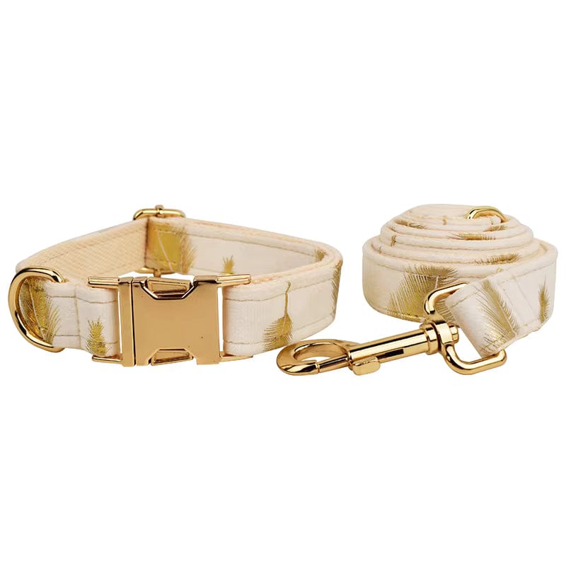 Ivory velvet pet collar with gold leaf print and matching rolled leash set