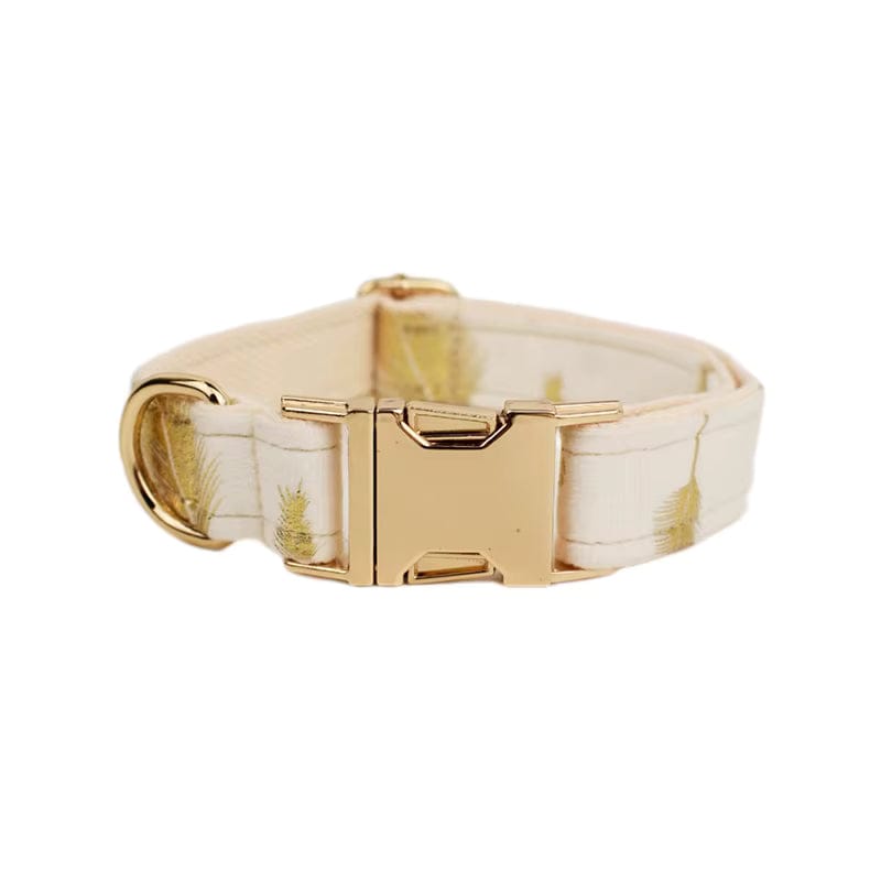 Ivory velvet pet collar with gold leaf print and gold-tone buckle hardware