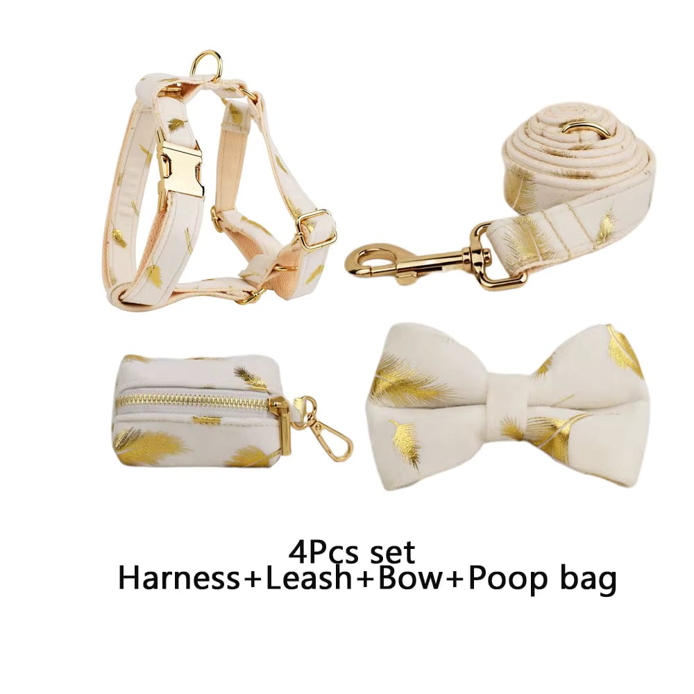 Ivory velvet harness, rolled leash, bow tie, and small pouch with gold leaf print