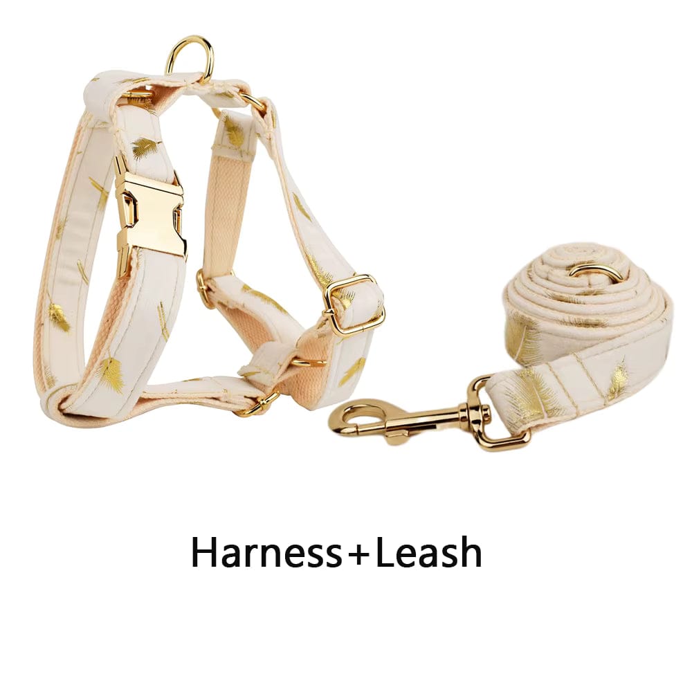 Ivory velvet dog harness and leash set with gold leaf print and gold-tone clips