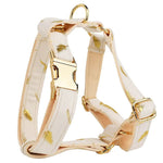 Ivory velvet dog harness with gold leaf print and gold-tone buckles with D-rings