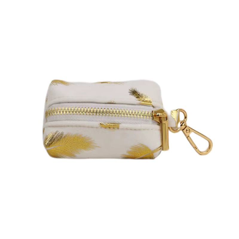 Ivory gold leaf velvet pouch with zipper and keyring for poop bags
