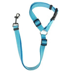Pet car safety belt & harness, sky blue strap with black adjusters and metal carabiner