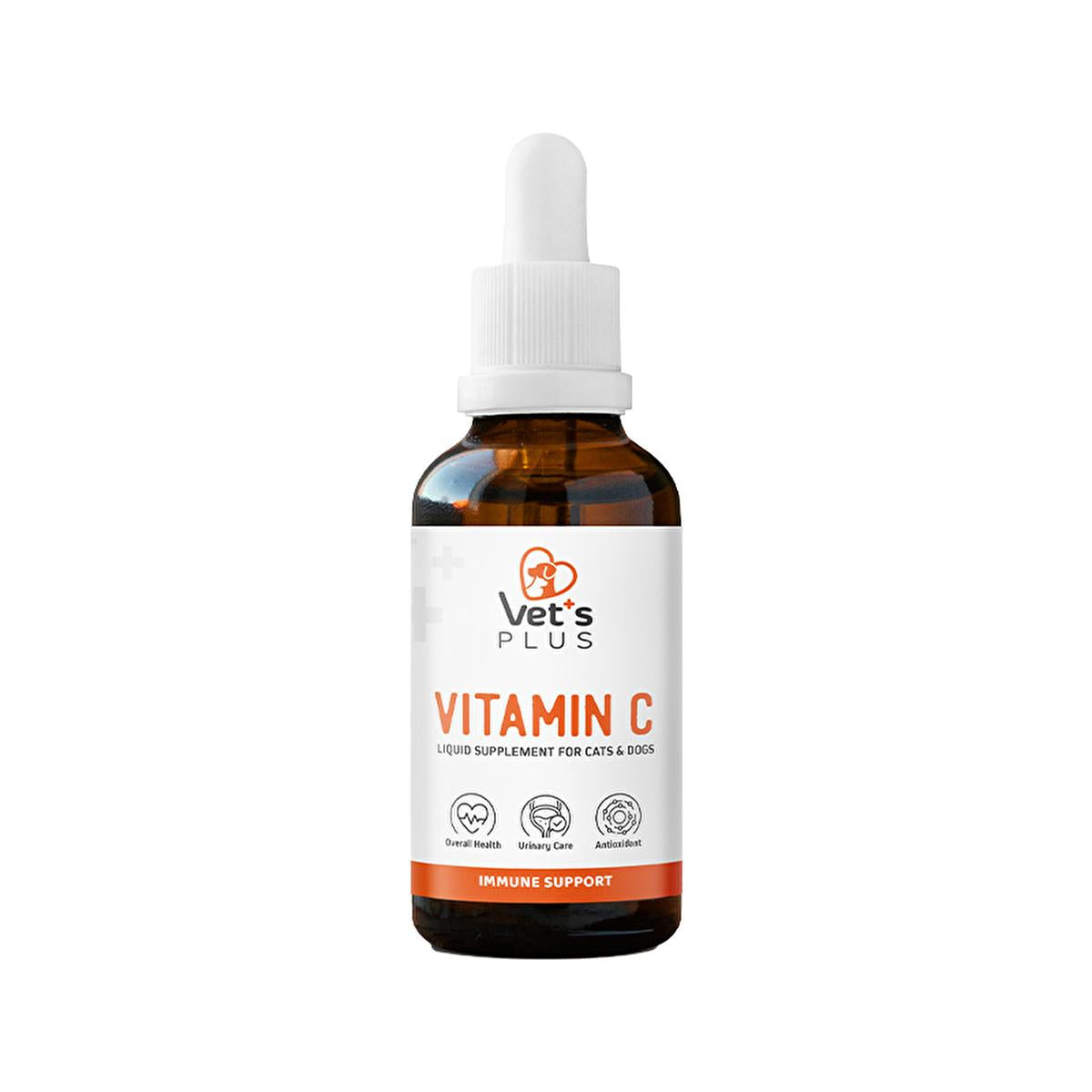 Vet's Plus Vitamin C liquid supplement bottle with dropper for cats and dogs