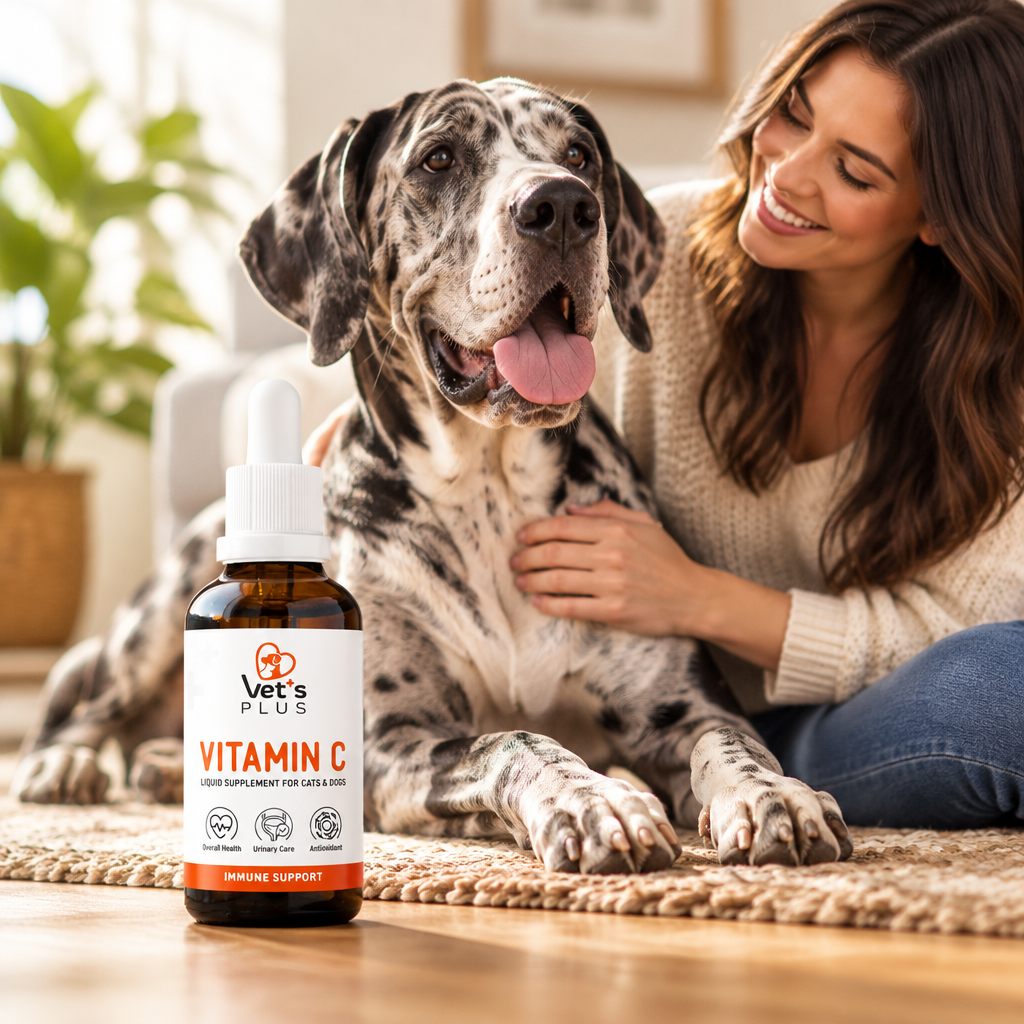 Vet's Plus Vitamin C liquid supplement bottle with dropper, immune support