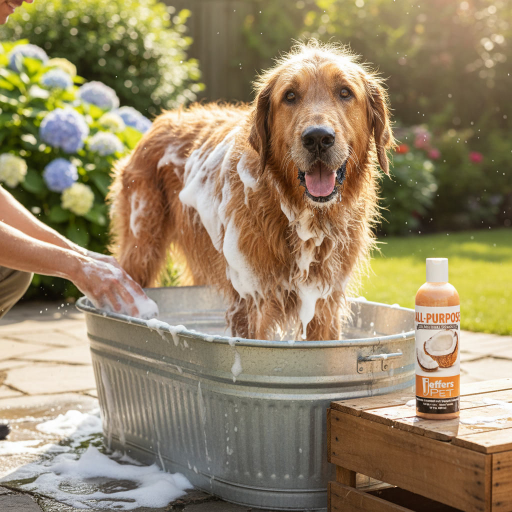 Coconut oil pet shampoo bottle beside a golden dog in a bath