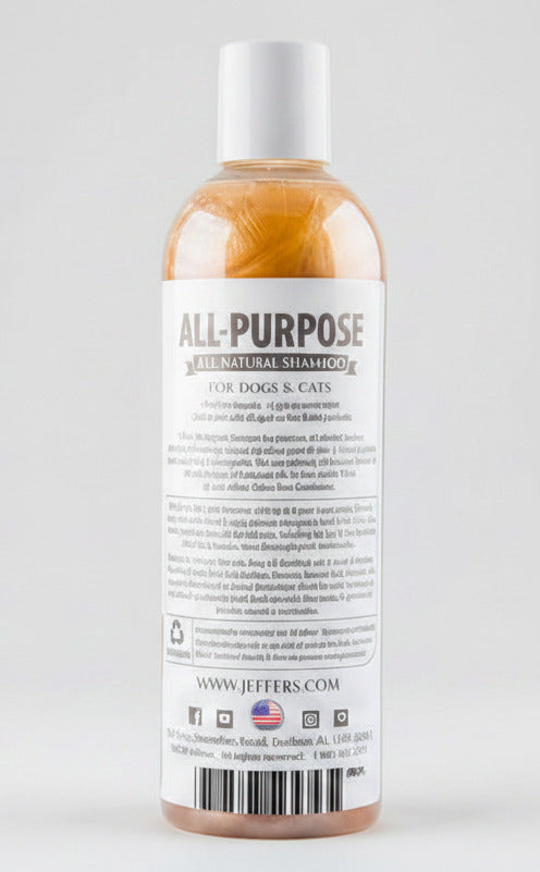 All-Purpose Natural Shampoo bottle back label for dogs & cats with barcode