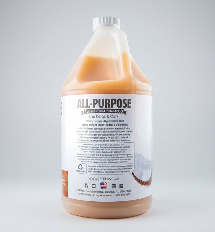 All-Purpose Natural Shampoo bottle back label for dogs & cats with product details