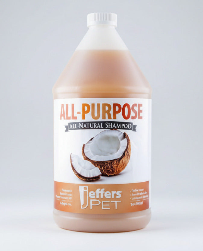 All-Purpose Natural Shampoo bottle for dogs & cats, front label with coconut shells