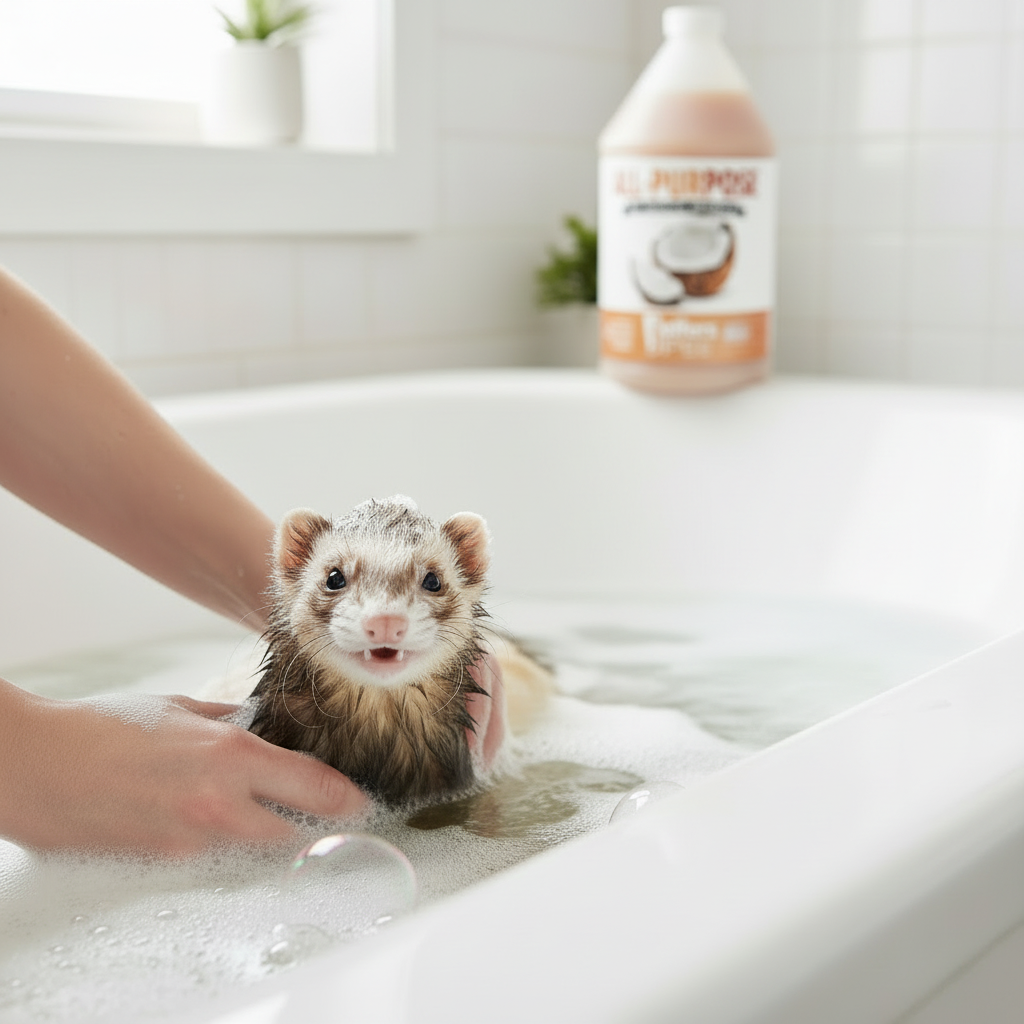Coconut oil pet shampoo bottle in bathroom with a small kitten in a bath