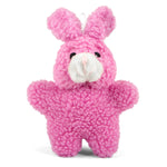Pink rabbit plush squeaker dog toy with white muzzle and floppy ears