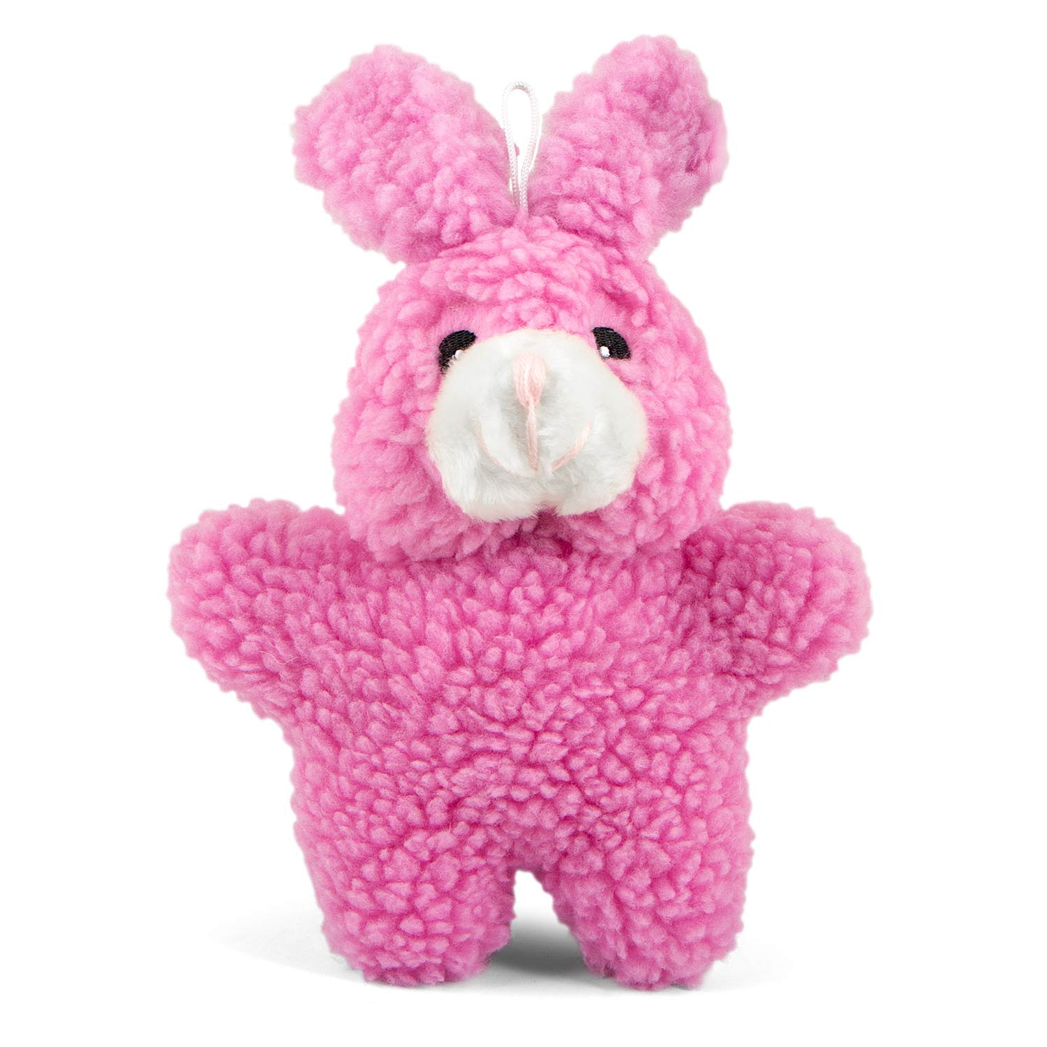 Pink rabbit plush squeaker dog toy with white muzzle and floppy ears
