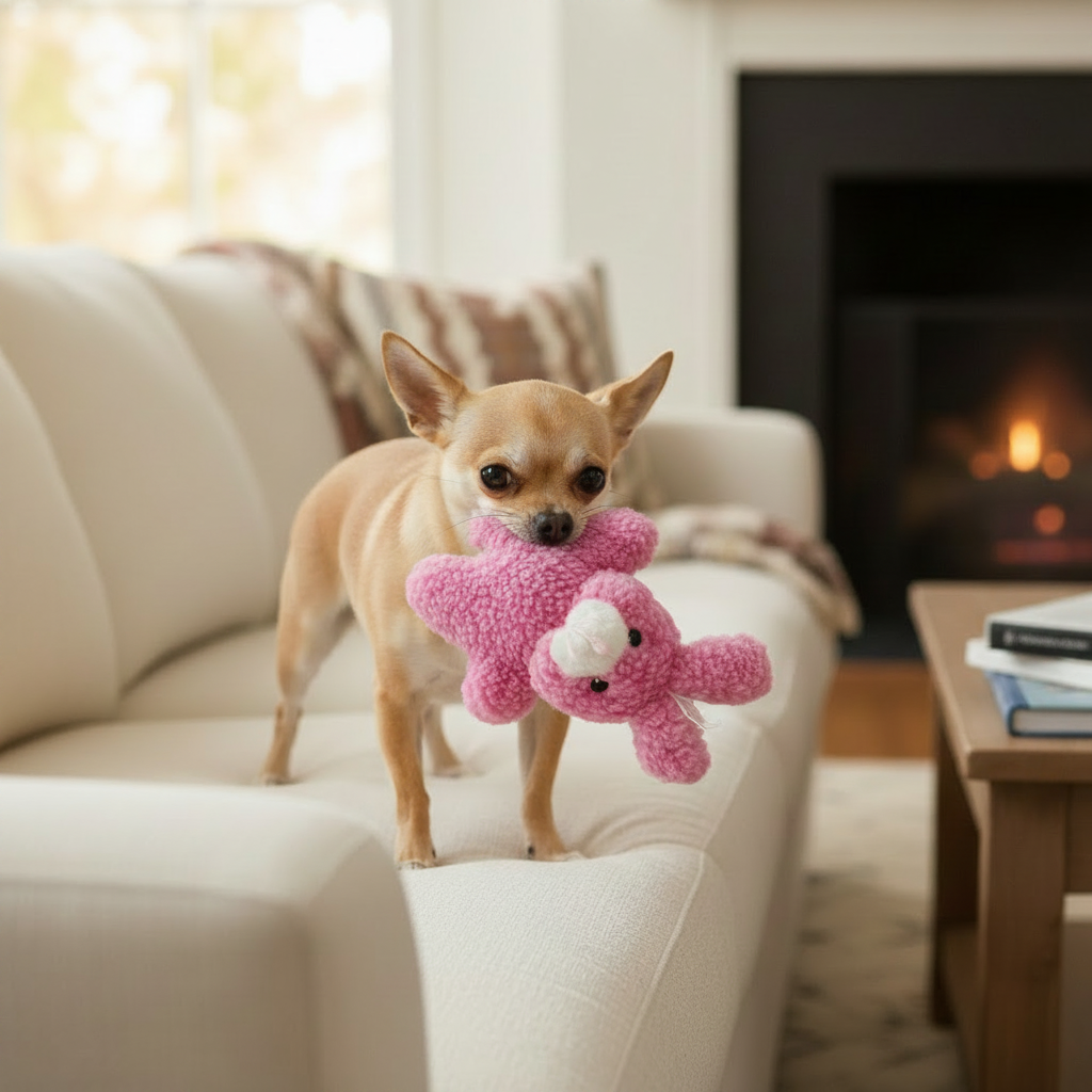 Pink fuzzy rabbit plush squeaker dog toy with white face and small feet