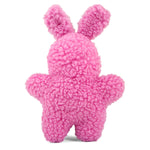 Pink rabbit plush squeaker dog toy, full-body side view with fluffy ears