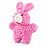 Pink rabbit plush squeaker dog toy, front view with white snout and floppy ears